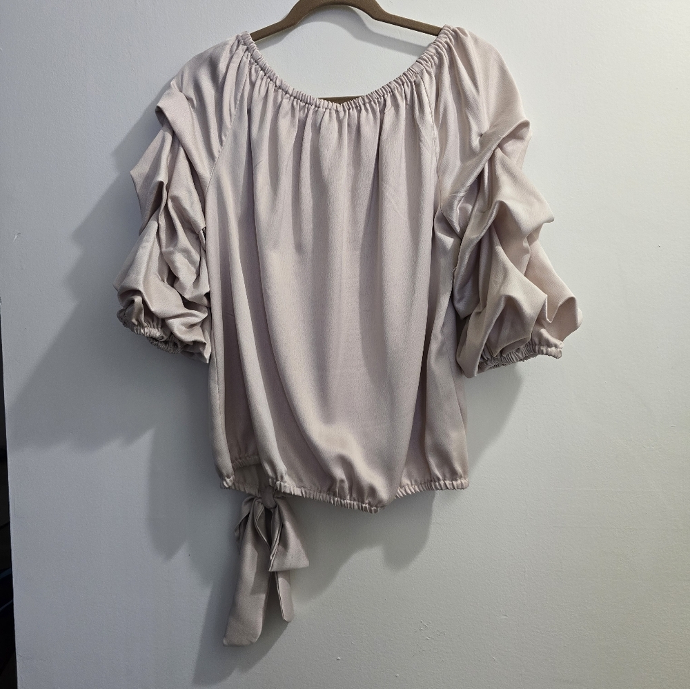 ☆ MSK Taupe Shimmer Off the Shoulder Puff Sleeve Top size L - Picture 5 of 14